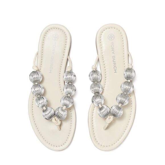 Tory Burch Shoes - TORY BURCH Capri Beaded Leather Thong Sandals Size 7.5 New Cream/ Silver